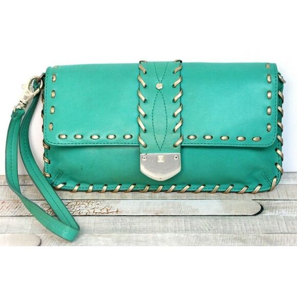 4.75x8.5" Michael Kors BRONZE GREEN LEATHER FLAP PURSE CLUTCH WALLET WRISTLET - Picture 1 of 8